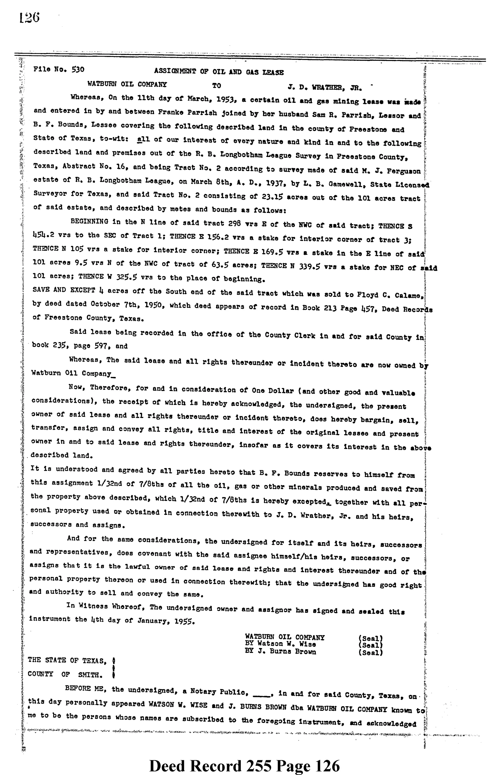 Watburn Oil Co - Recorded Assignment Of Lease (Vol. 255, Page 126)
