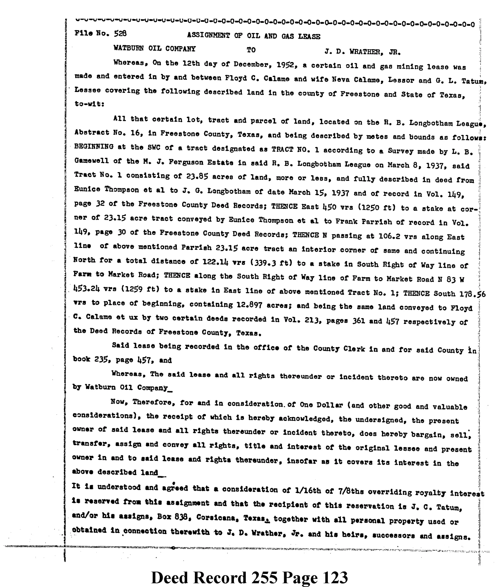 Watburn Oil Co - Recorded Assignment Of Lease (Vol. 255, Page 123)